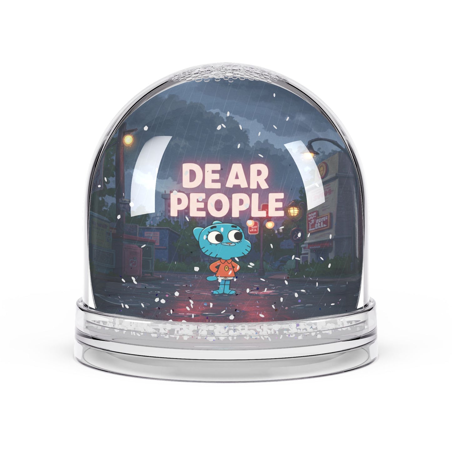 Whimsical Snow Globe with 'Dear People' Message - Perfect Gift for Cartoons Lovers