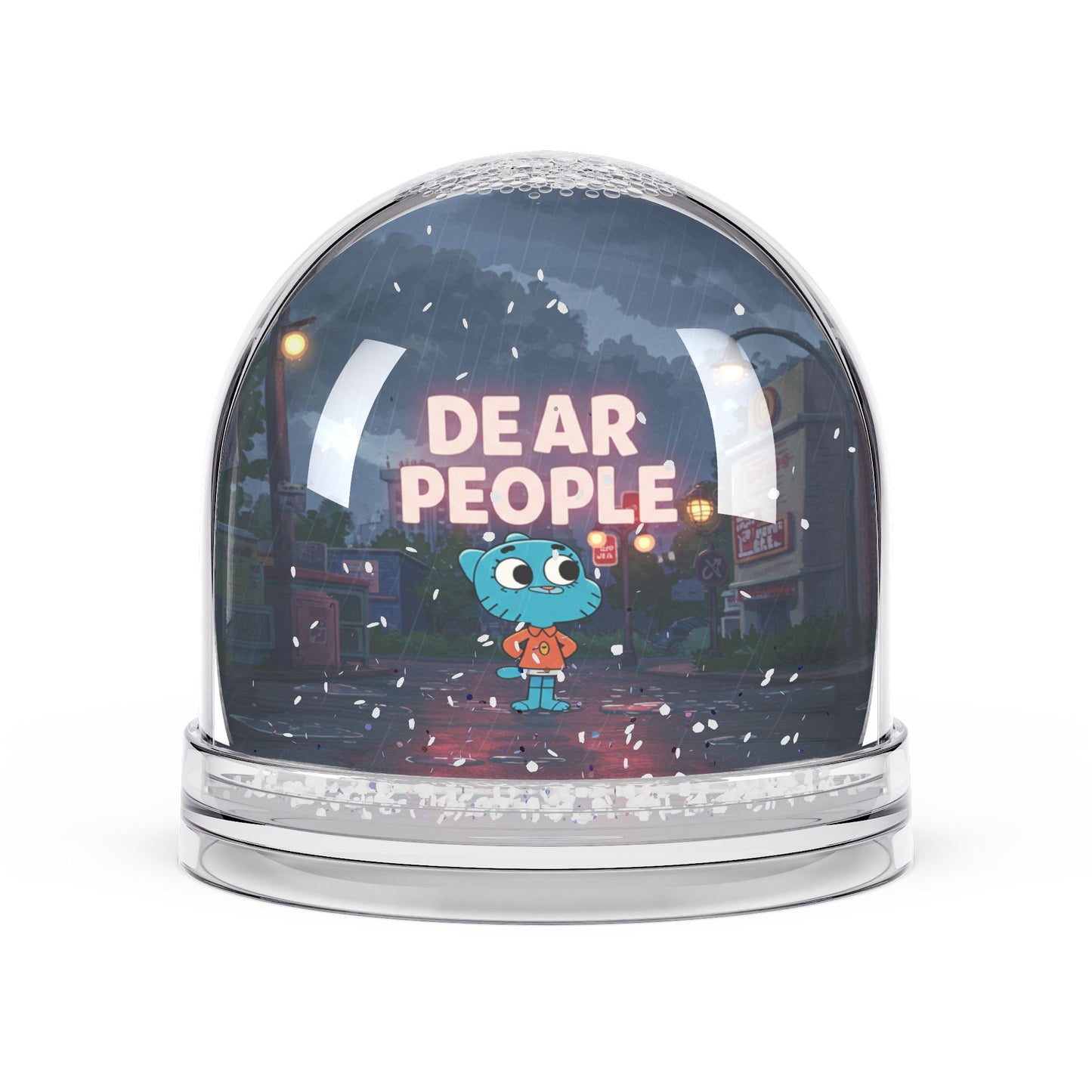 Whimsical Snow Globe with 'Dear People' Message - Perfect Gift for Cartoons Lovers